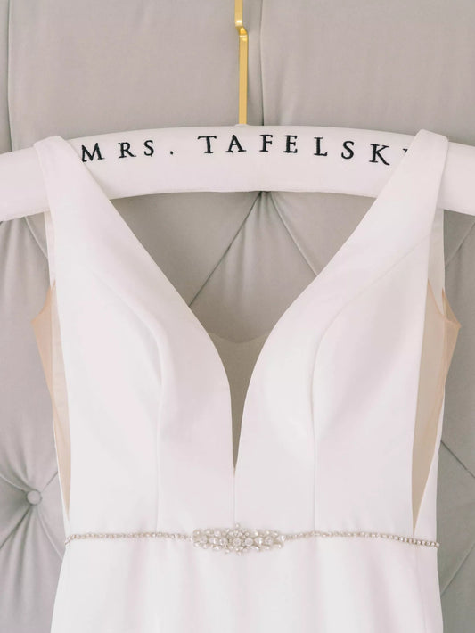 Ivory velvet wedding hanger with black embroidery