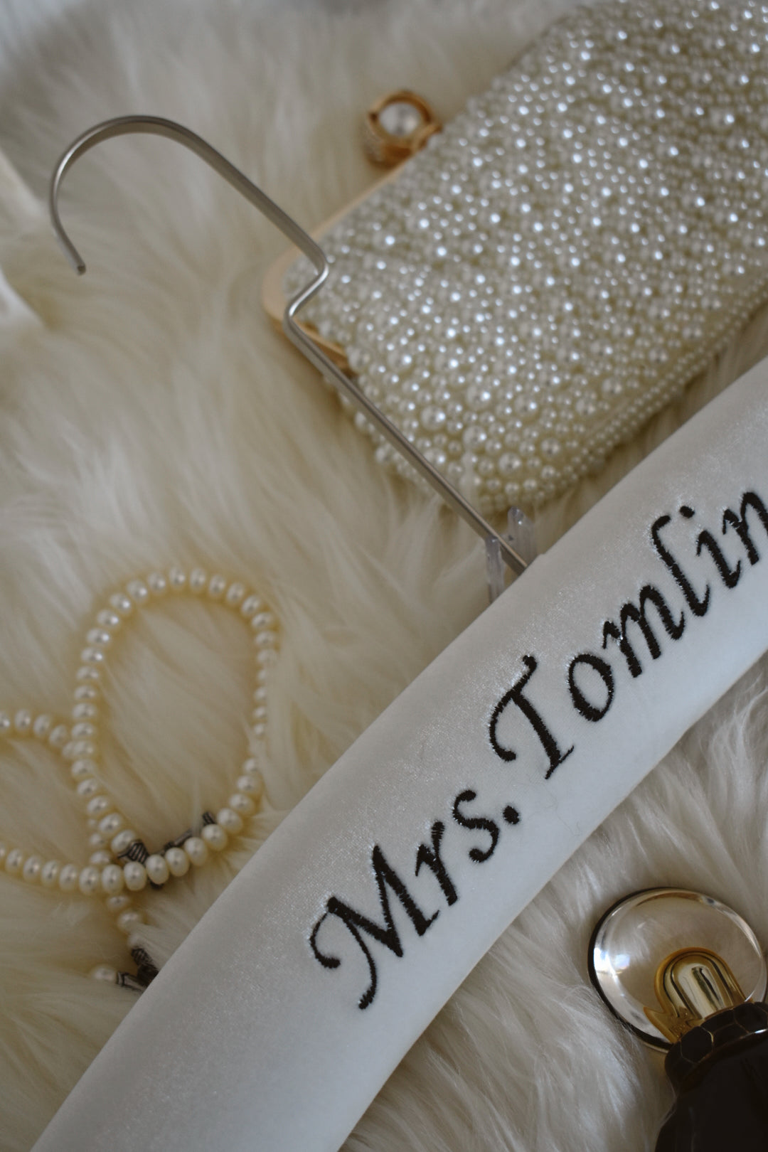 Ivory velvet wedding hanger with black embroidery 