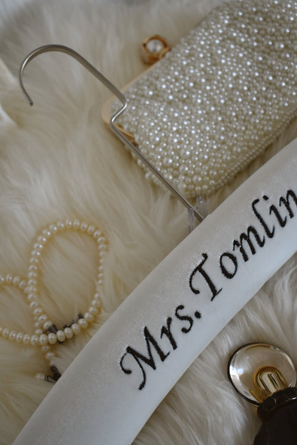 Ivory velvet wedding hanger with black embroidery 