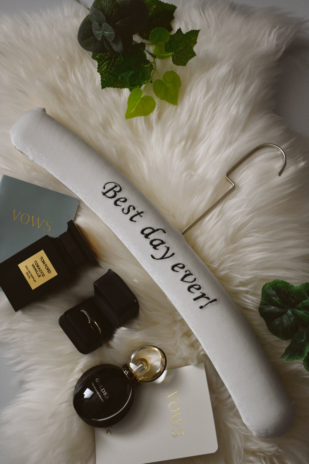 Ivory velvet wedding hanger with black embroidery 