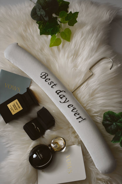 Ivory velvet wedding hanger with black embroidery 