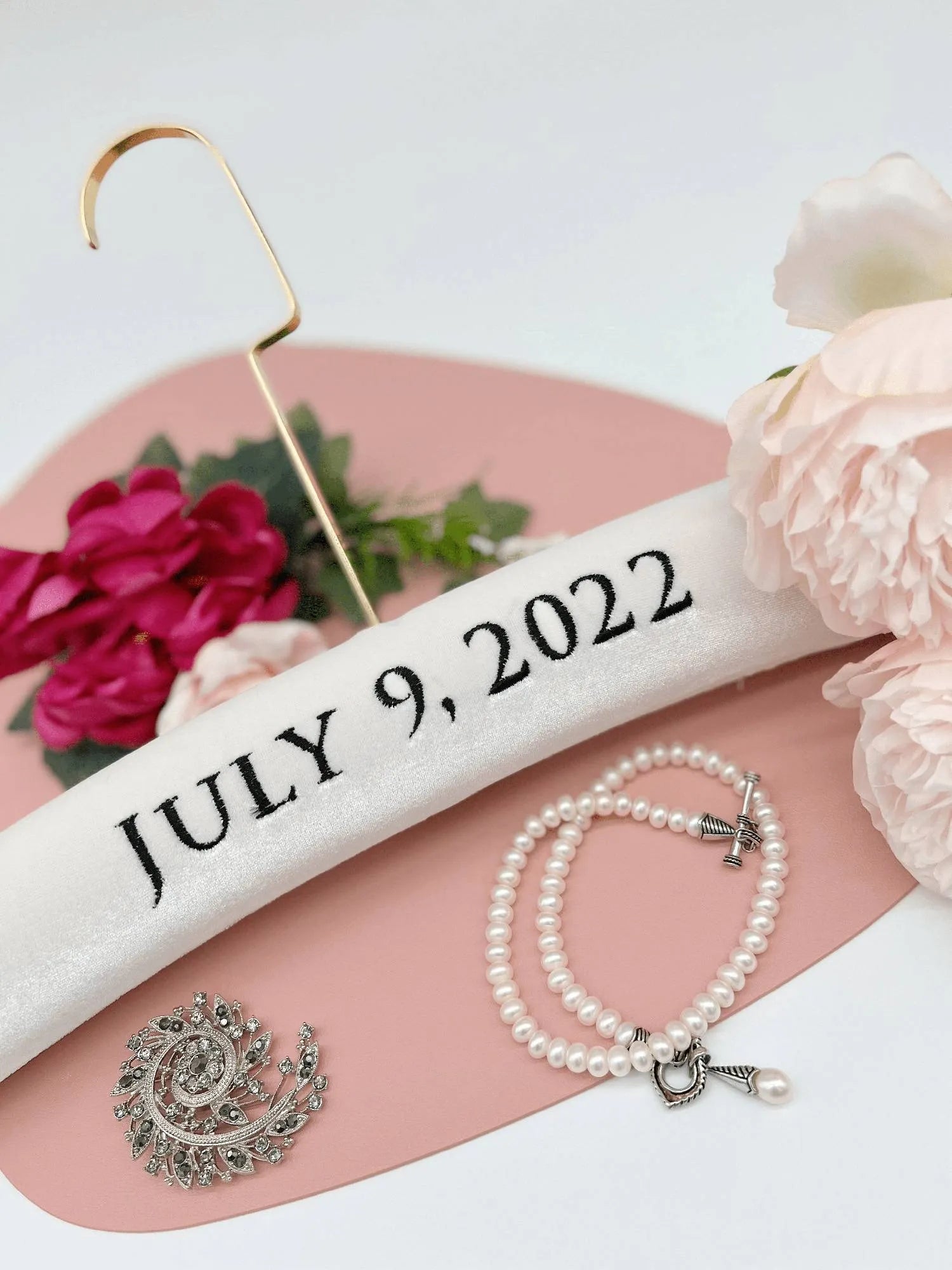 Ivory velvet wedding hanger with black embroidery 