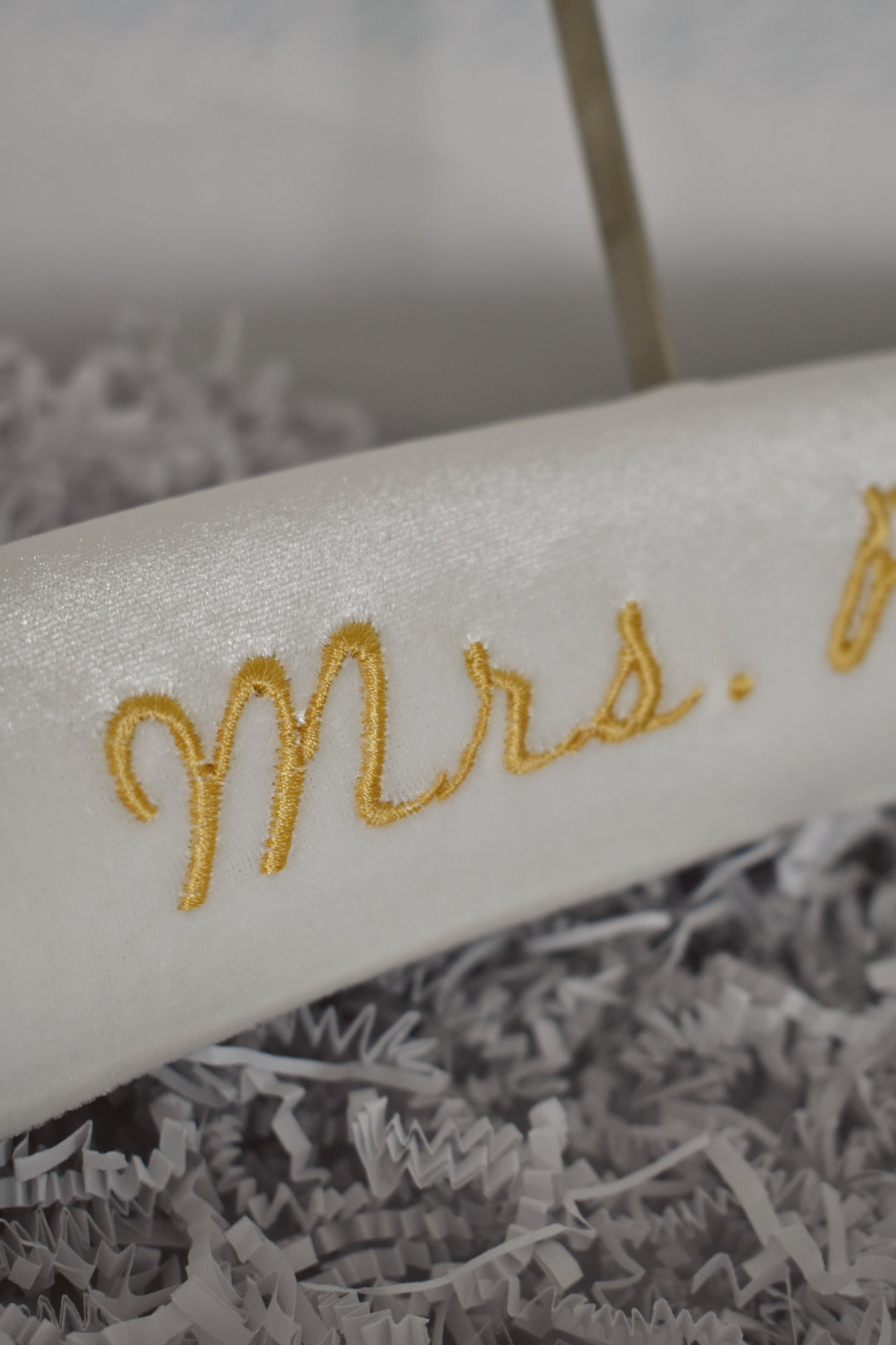 Ivory velvet wedding hanger with gold embroidery 