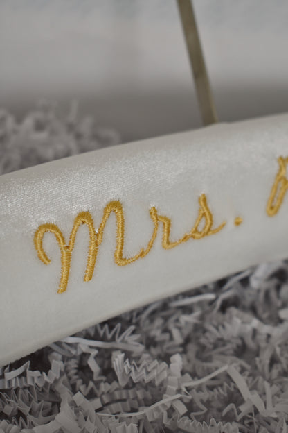 Ivory velvet wedding hanger with gold embroidery 