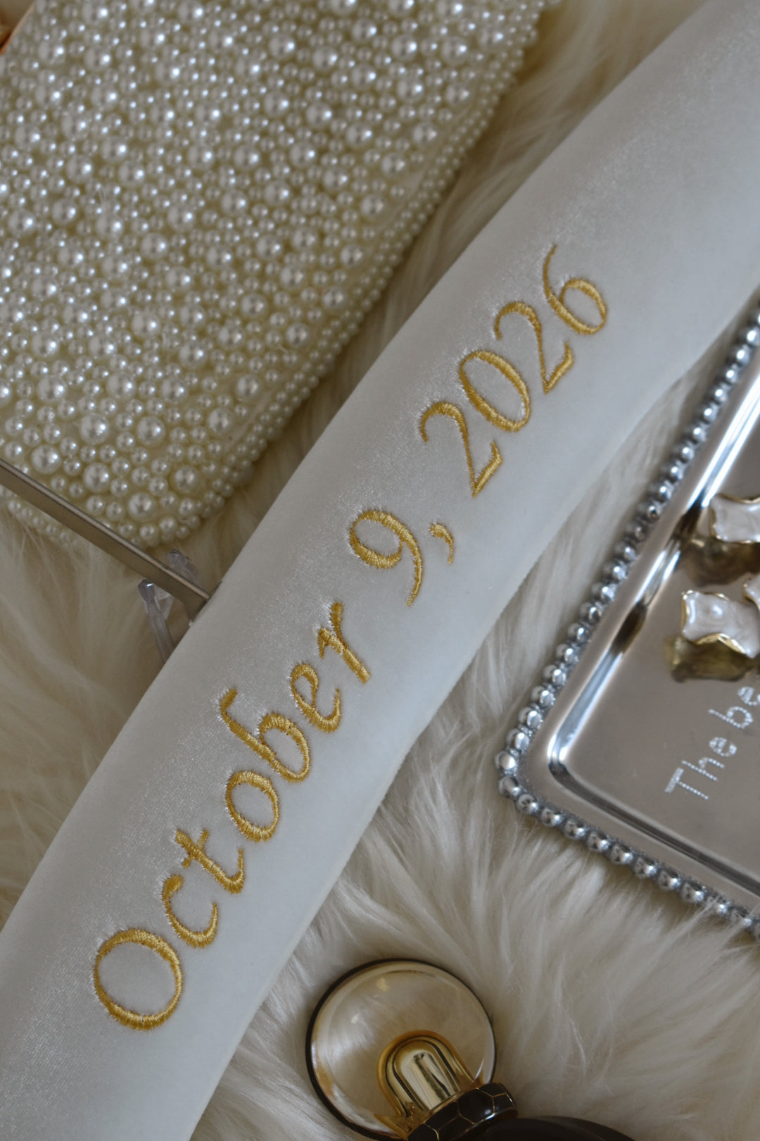 Ivory velvet wedding hanger with gold embroidery 