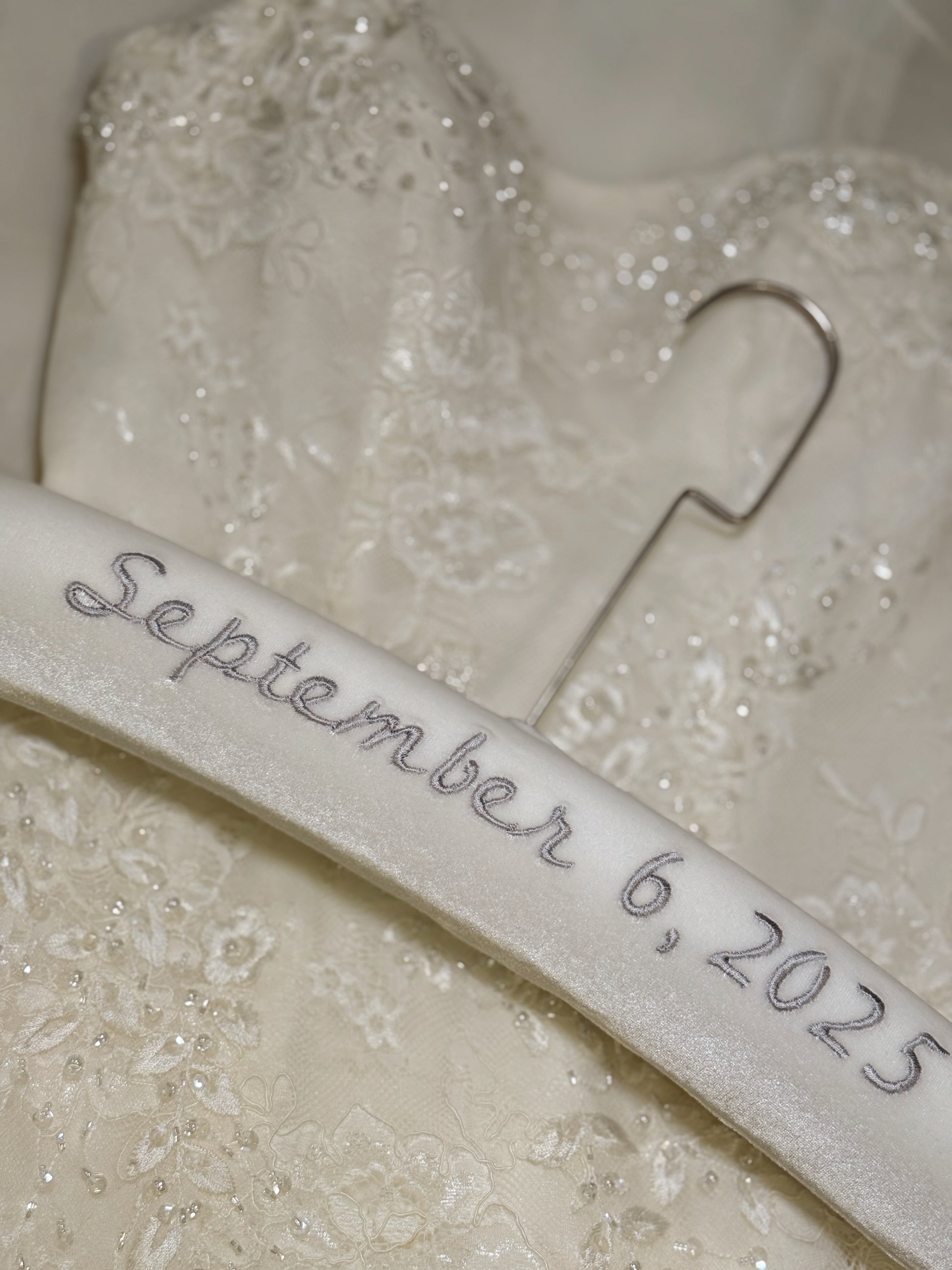 Ivory velvet wedding hanger with silver embroidery 