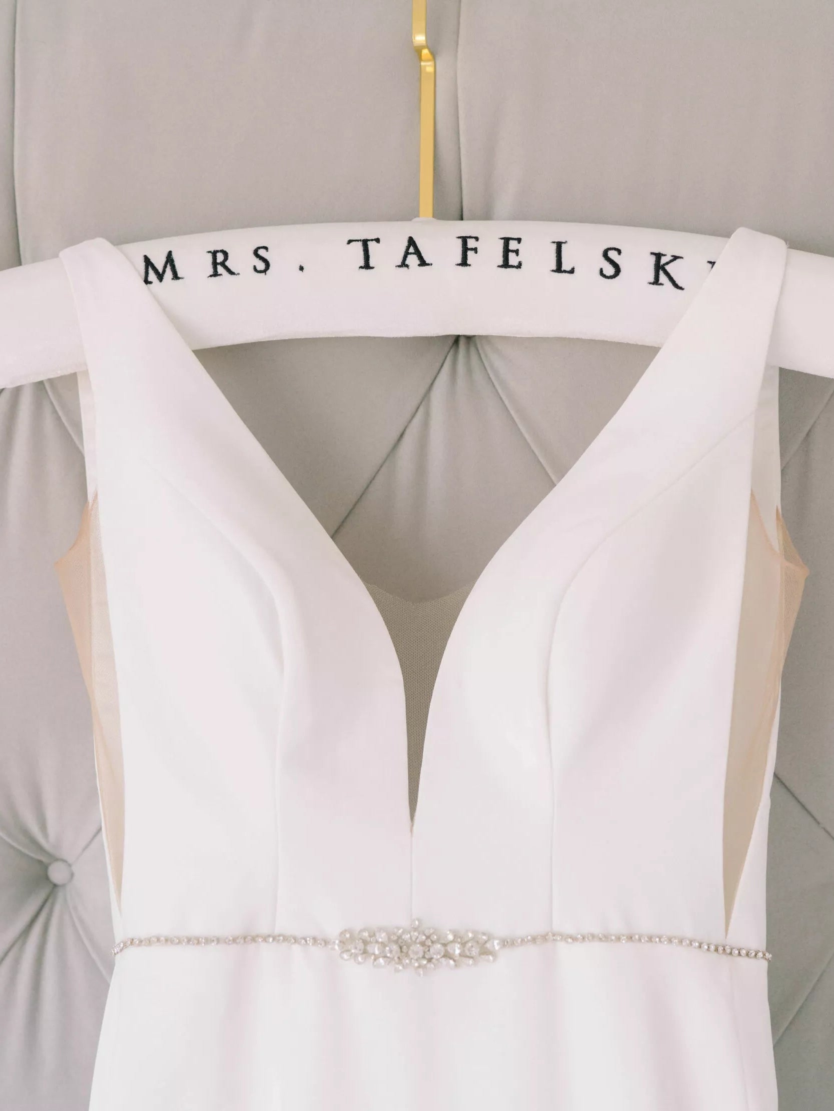 Ivory velvet wedding hanger with black embroidery 