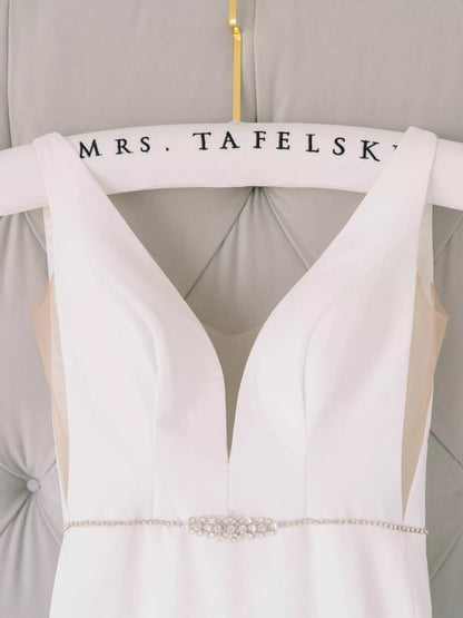 Ivory velvet wedding hanger with black embroidery 