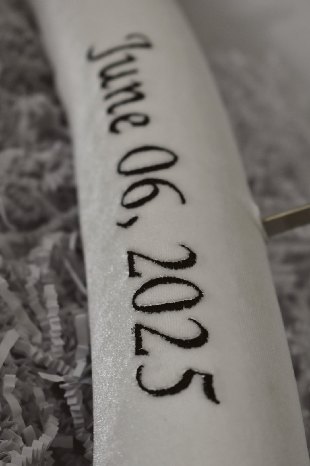 Ivory velvet wedding hanger with black embroidery 